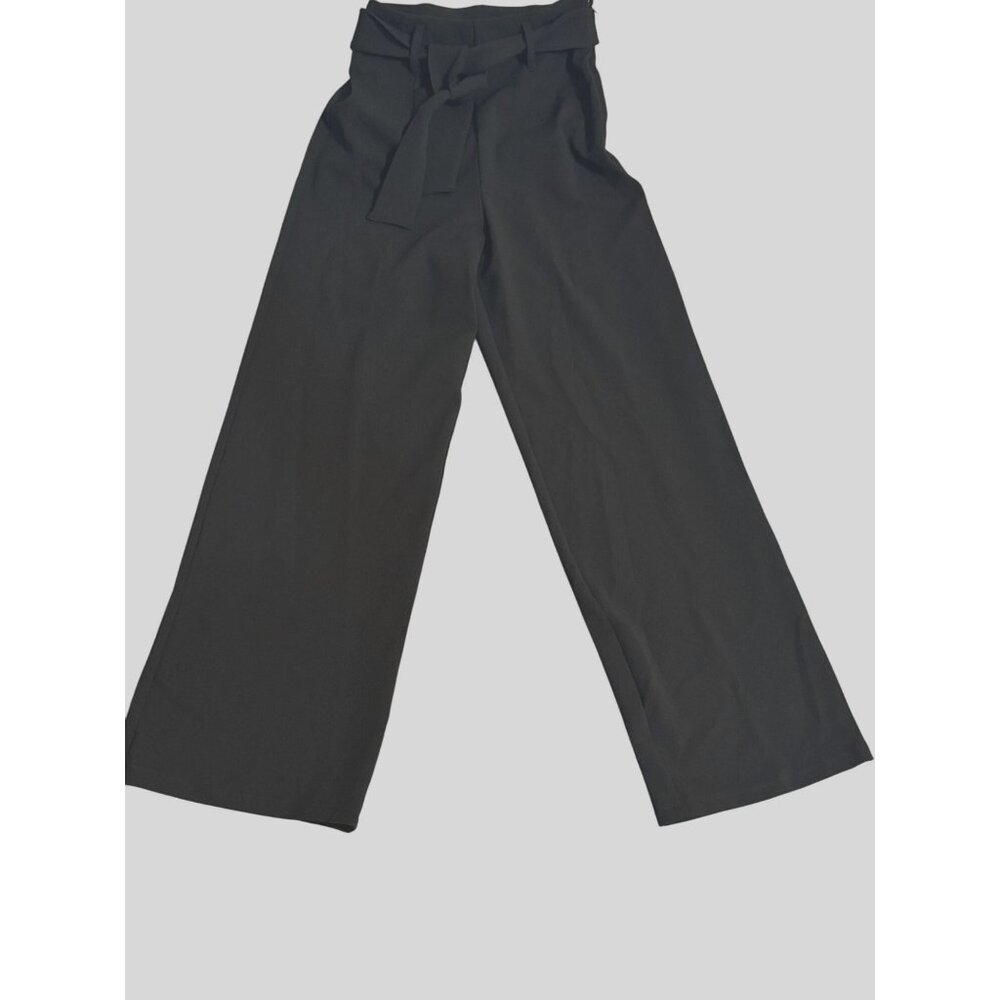 Wide Leg Black Trousers With Tie Waist & Zipper By Socialite XXS